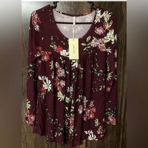 Longyuan Burgundy Floras Blouse Women’s Size Small Long Sleeves New With Tags